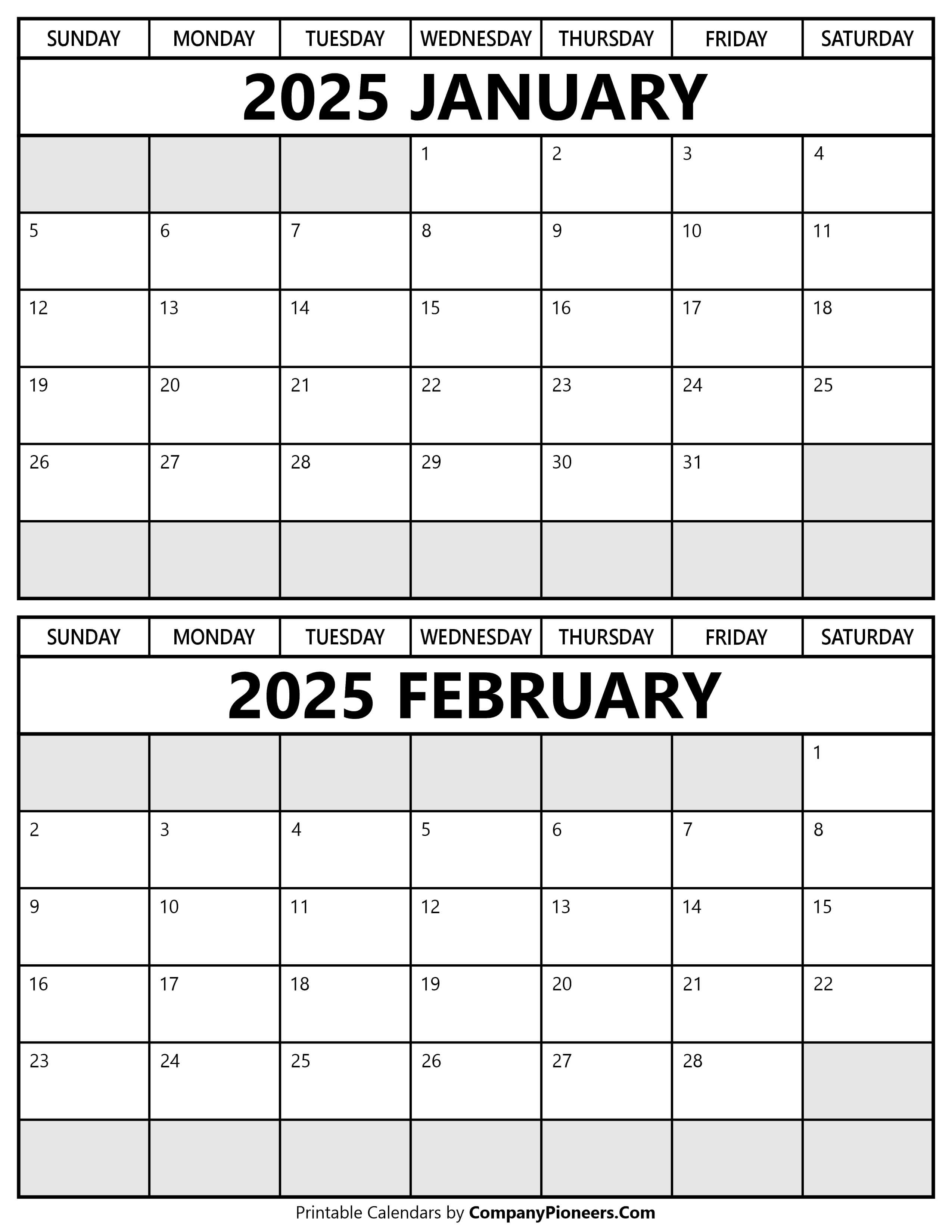 Printable January February 2025 Calendar