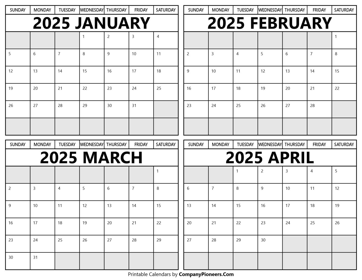 January to April 2025 Calendar Printable Template