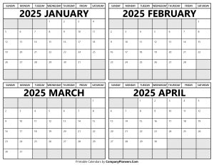 Printable January to April 2025 Calendars