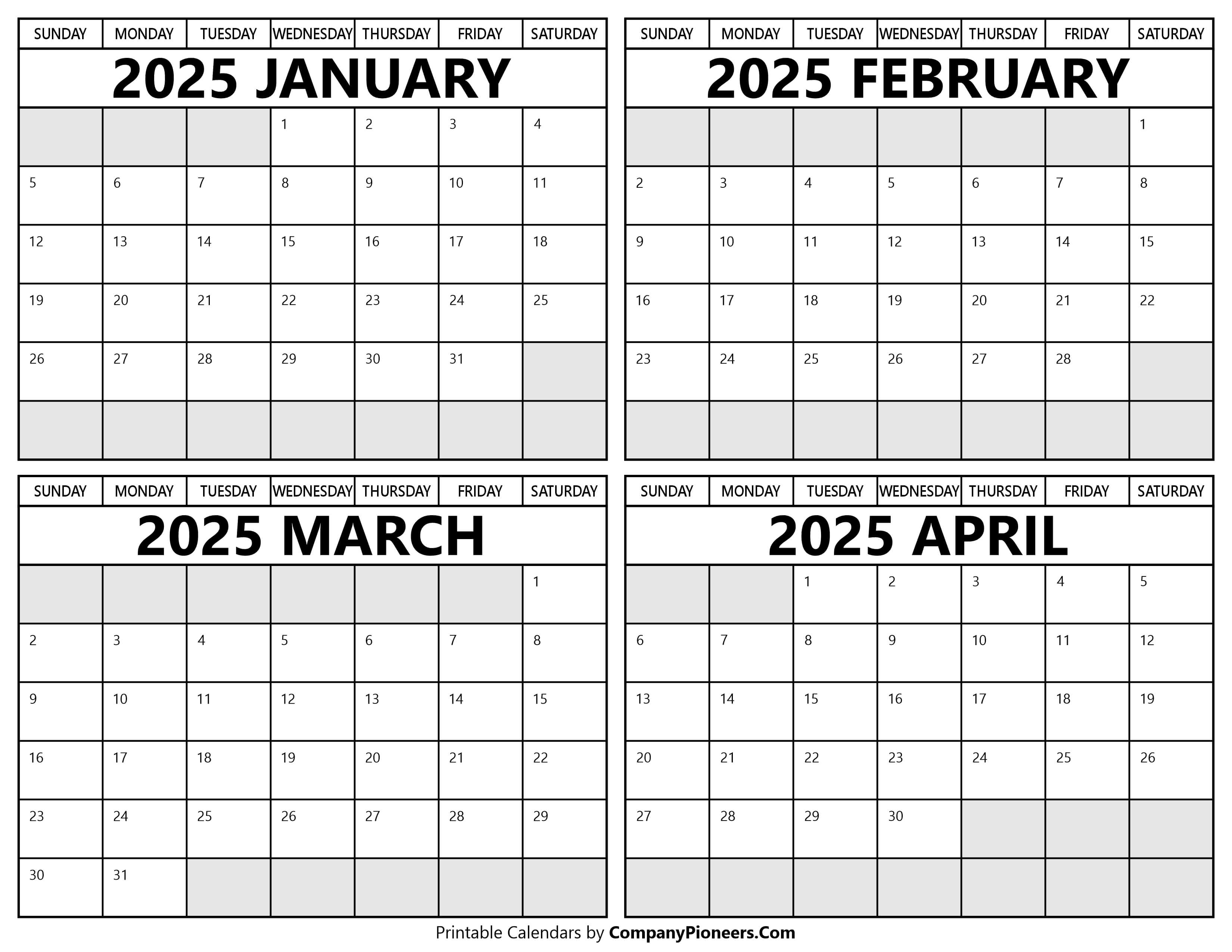 Printable January to April 2025 Calendars