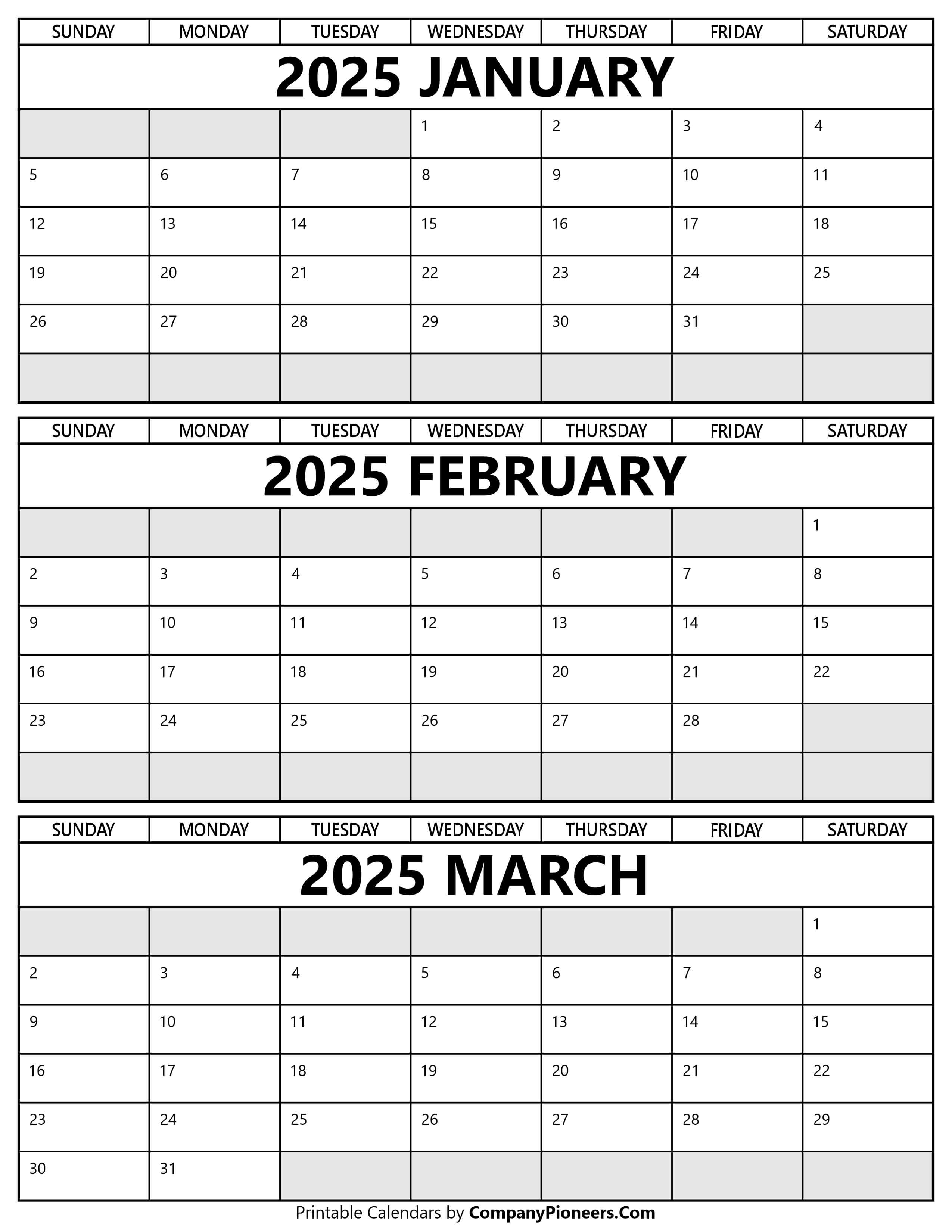 Printable January to March 2025 Calendar