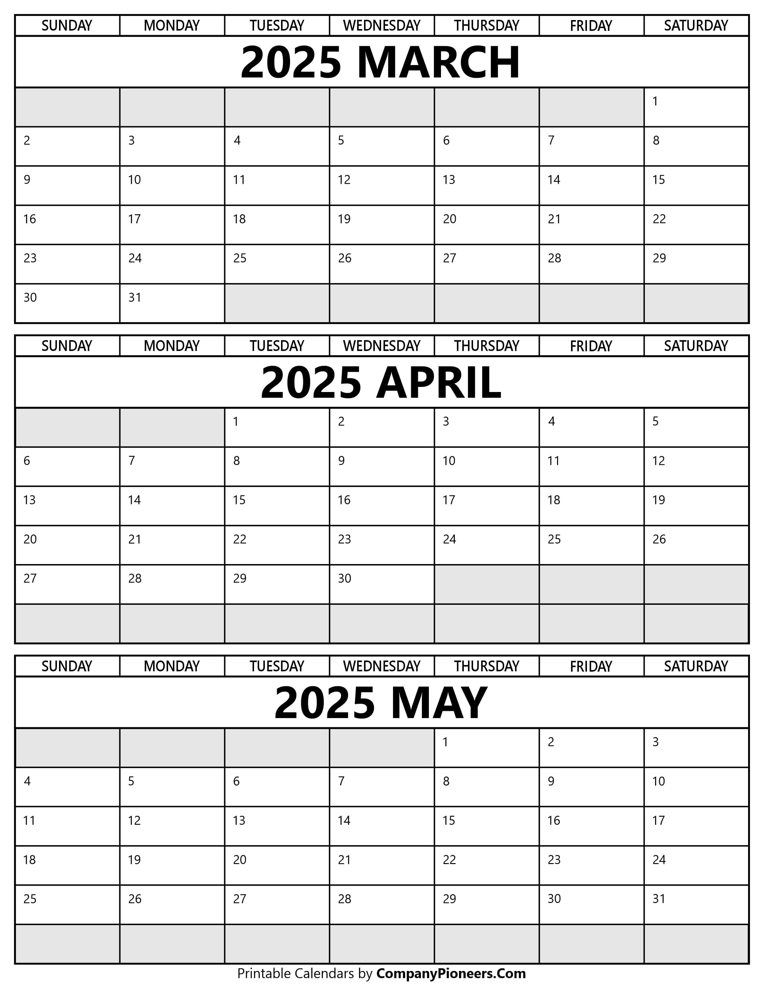 Printable March to May 2025 Calendar