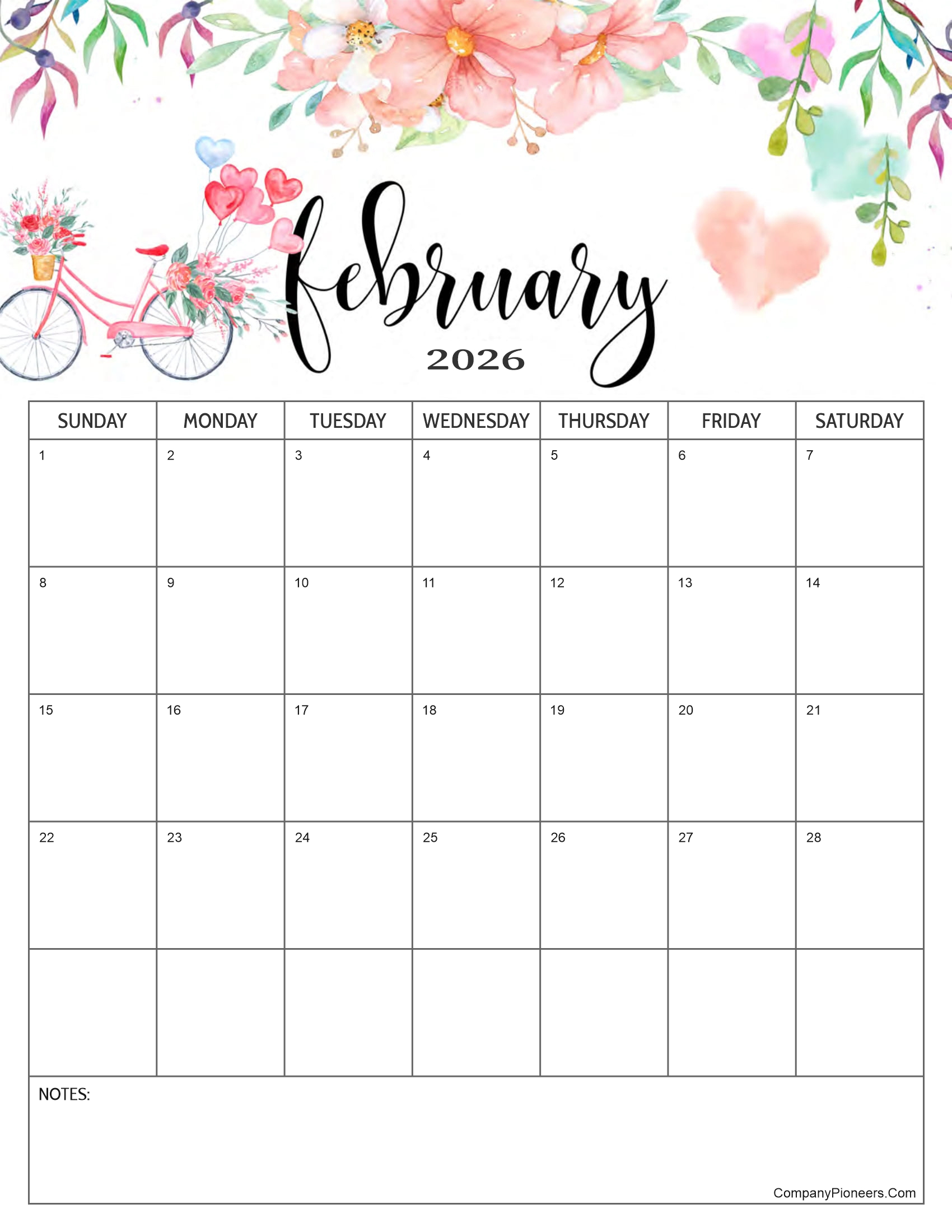 Red Roses Flower February 2026 Calendar with Notes