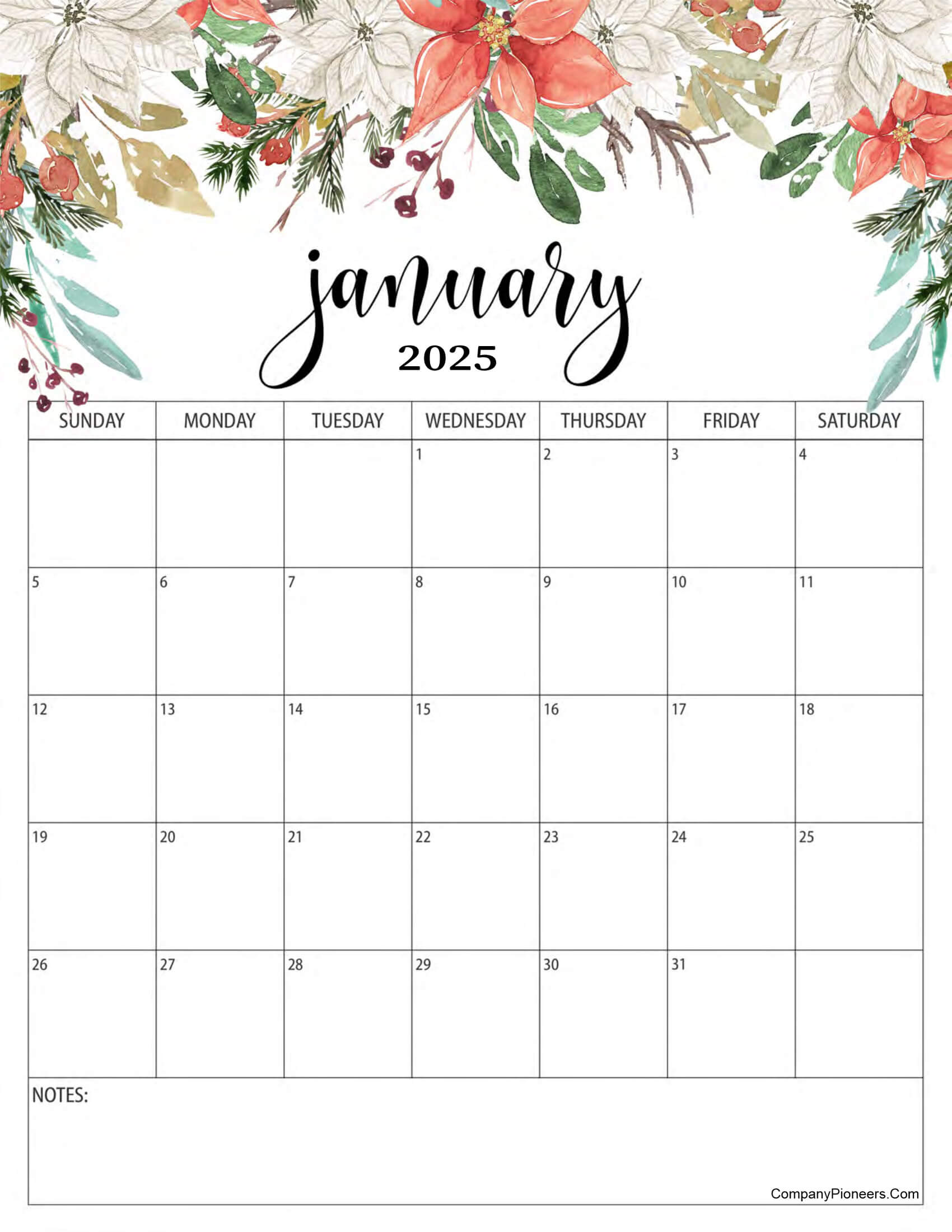 Red Roses Flower January 2025 Calendar with Notes