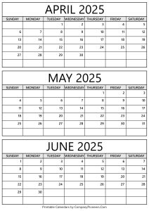 April to June 2025 Calendar