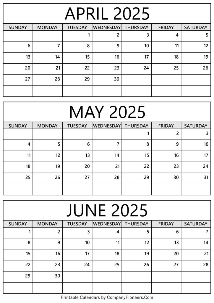 April May June 2025 Calendar Printable Template