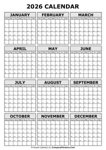 Printable 2026 Calendar Italic Font