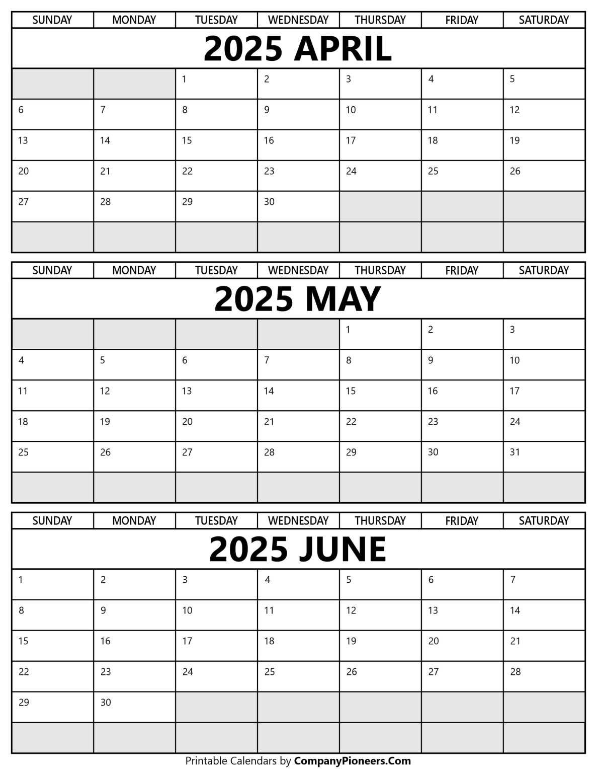 April May June 2025 Calendar Printable Template