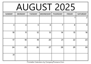 August 2025 Calendar Template Blank