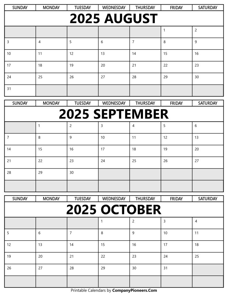 August September October 2025 Calendar Printable - Template
