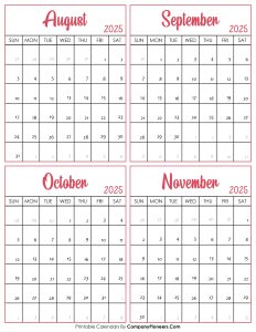 Calendar August to November 2025