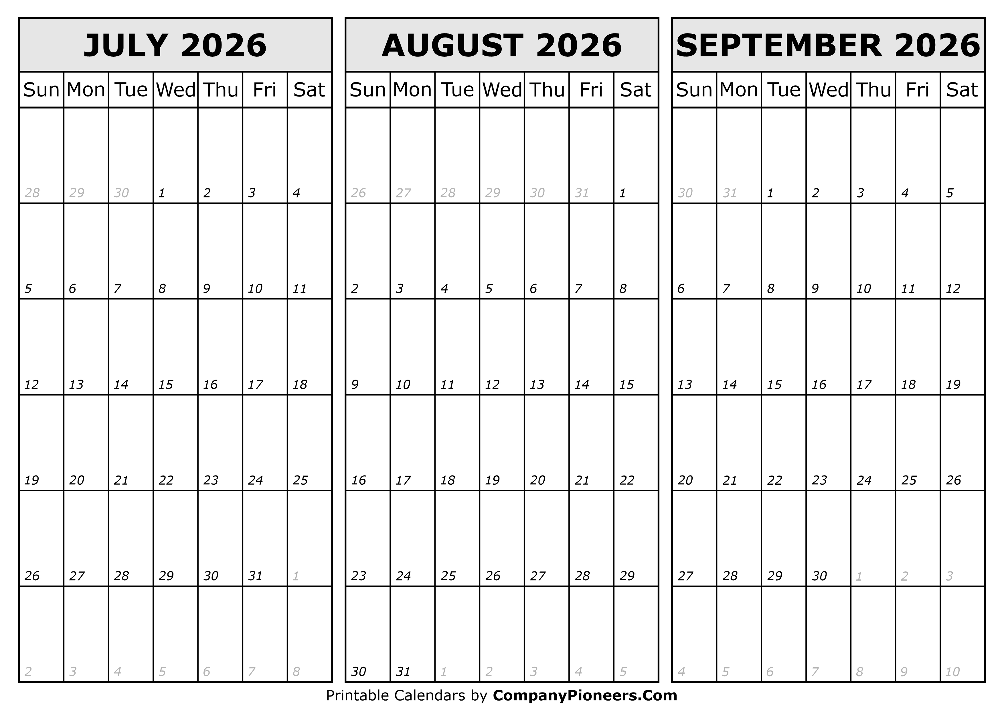 Calendar July to September 2026