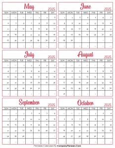 Calendar May to October 2025