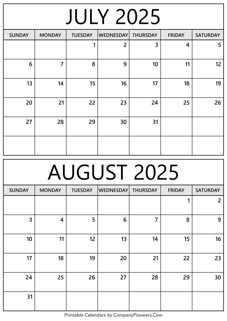 July August 2025 Calendar Printable - Template
