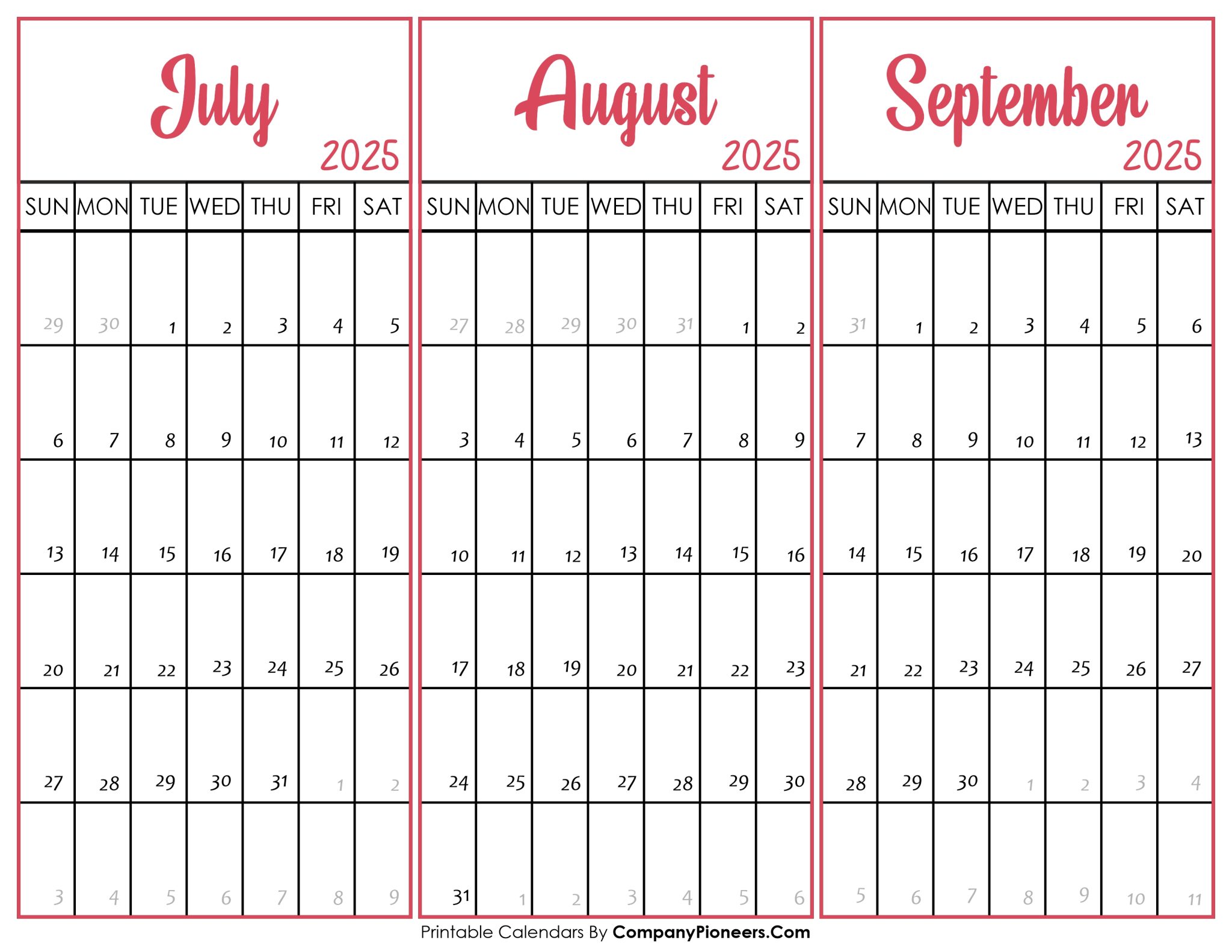 July August September 2025 Calendar Printable - Template