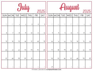 July and August Calendar 2025