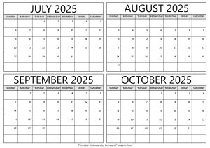 July to October 2025 Calendar