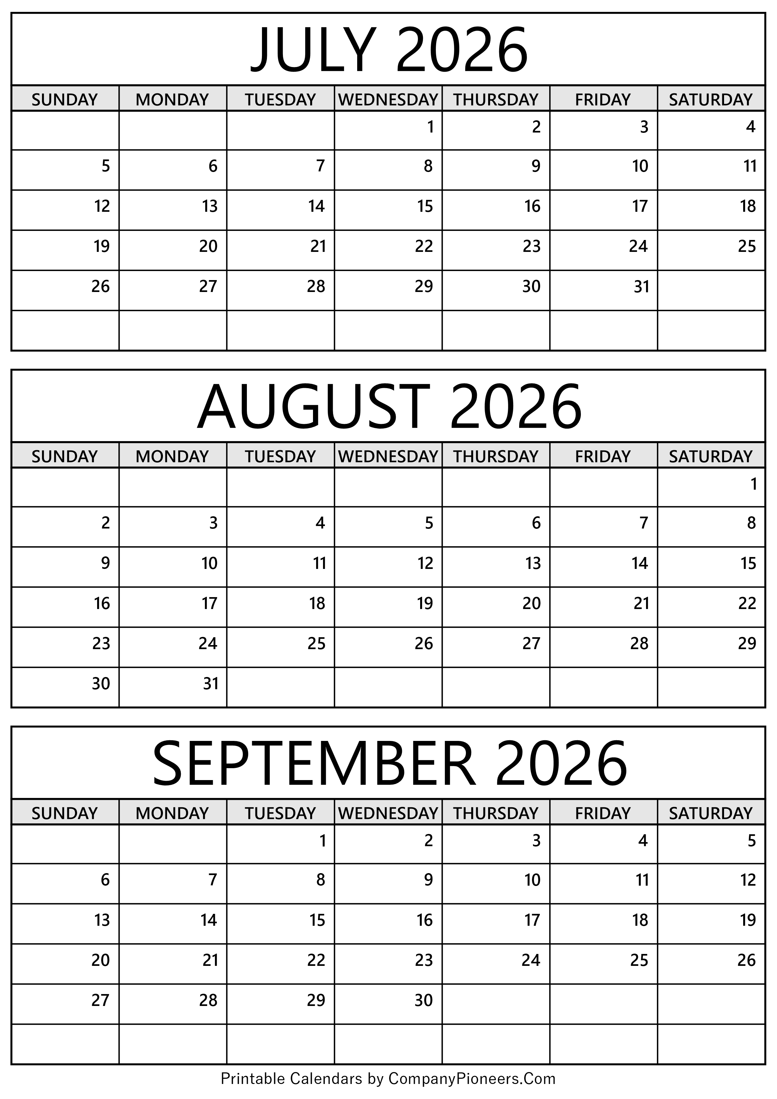 July to September 2026 Calendar