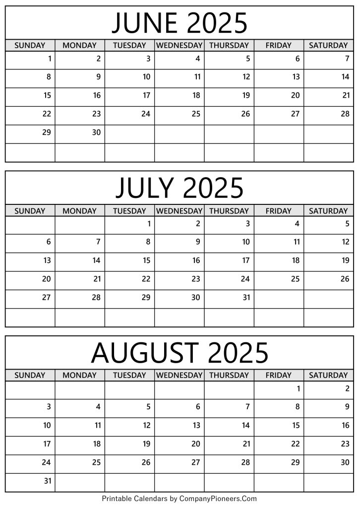 June July August 2025 Calendar Printable Template