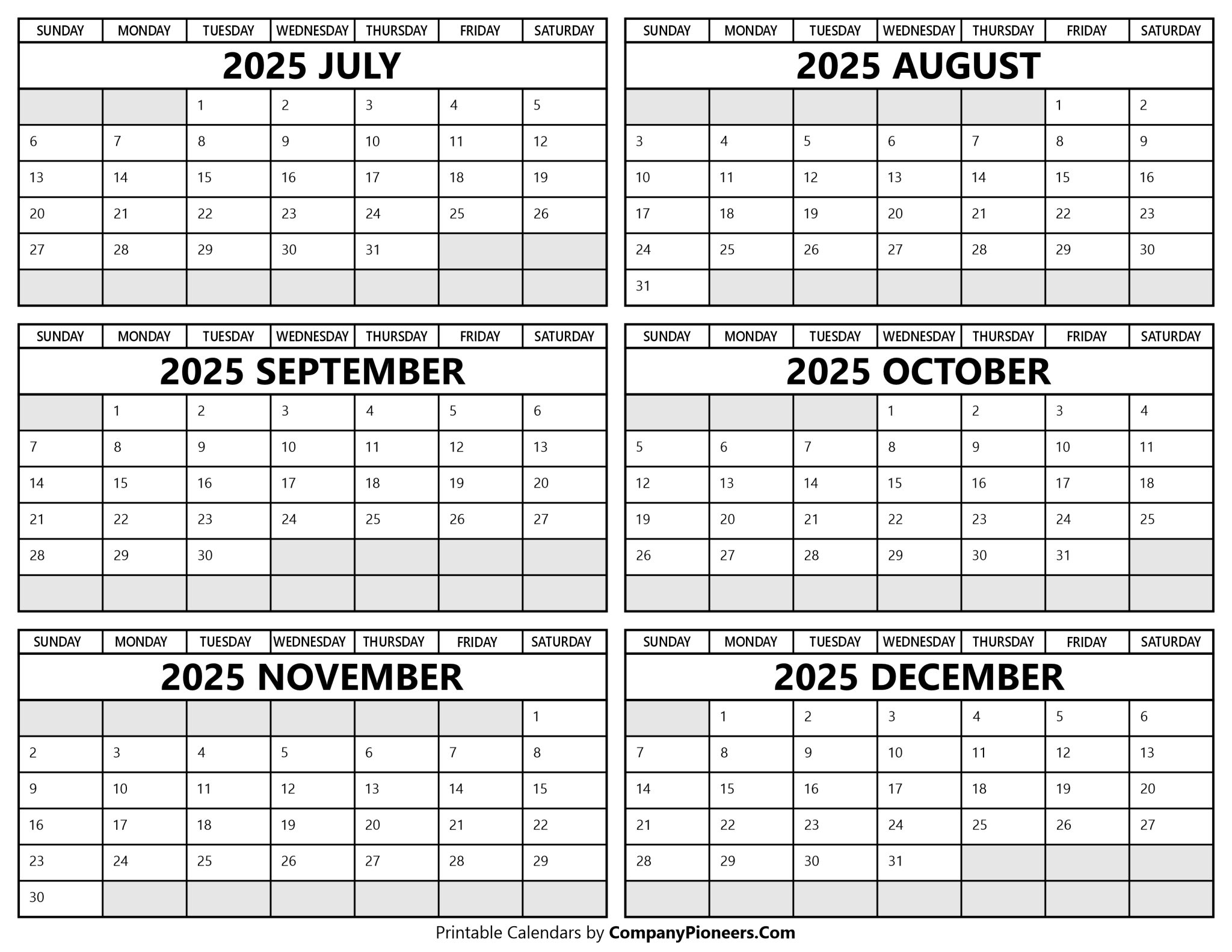 July to December 2025 Calendar Template