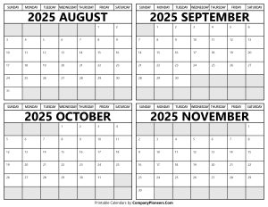 Printable August to November 2025 Calendars