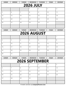Printable July to September 2026 Calendar