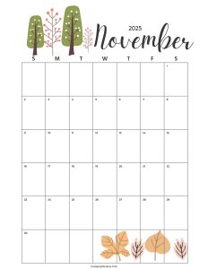 Calendar November 2025 Cute Cactus Leaves