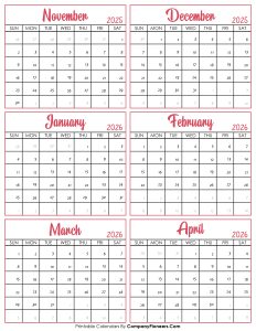 Calendar November 2025 to April 2026