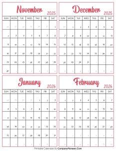 Calendar November 2025 to February 2026