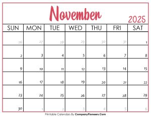 November 2025 Calendar Printable Pink Header