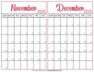 November and December Calendar 2025