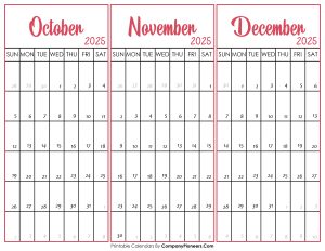 October November and December Calendar 2025