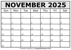 Printable November 2025 Calendar Italic Font