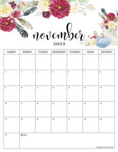 Red Roses Flower November 2025 Calendar with Notes