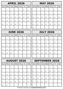 2026 April to September Calendar