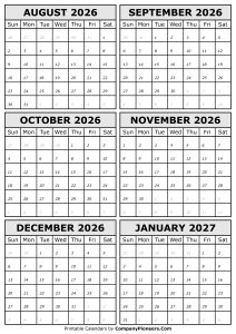 2026 August to 2027 January Calendar