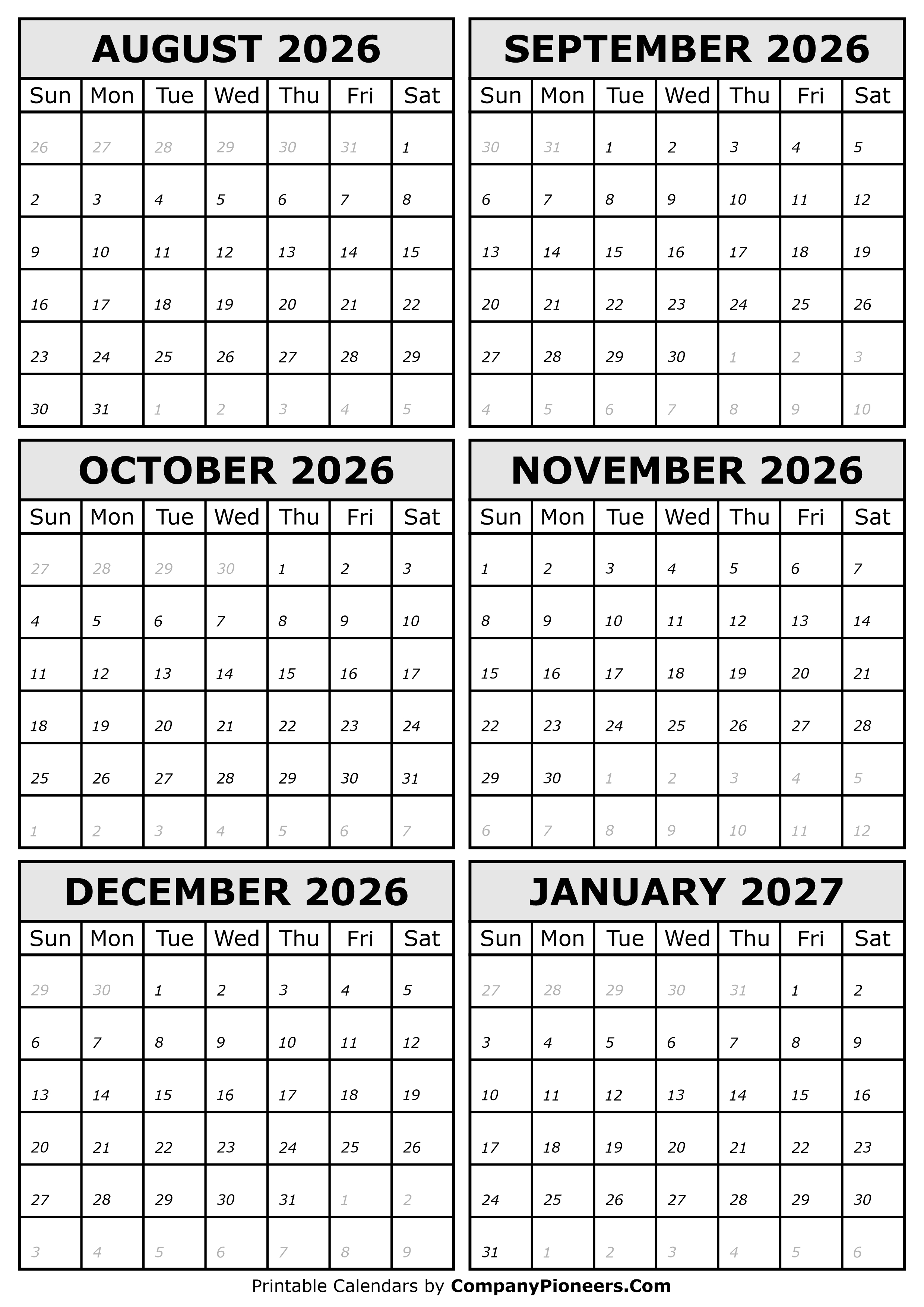 2026 August to 2027 January Calendar
