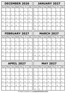 2026 December to 2027 May Calendar