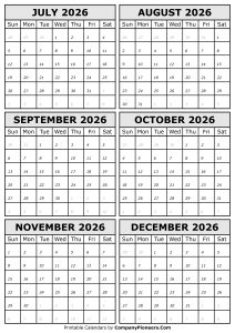 2026 July to December Calendar