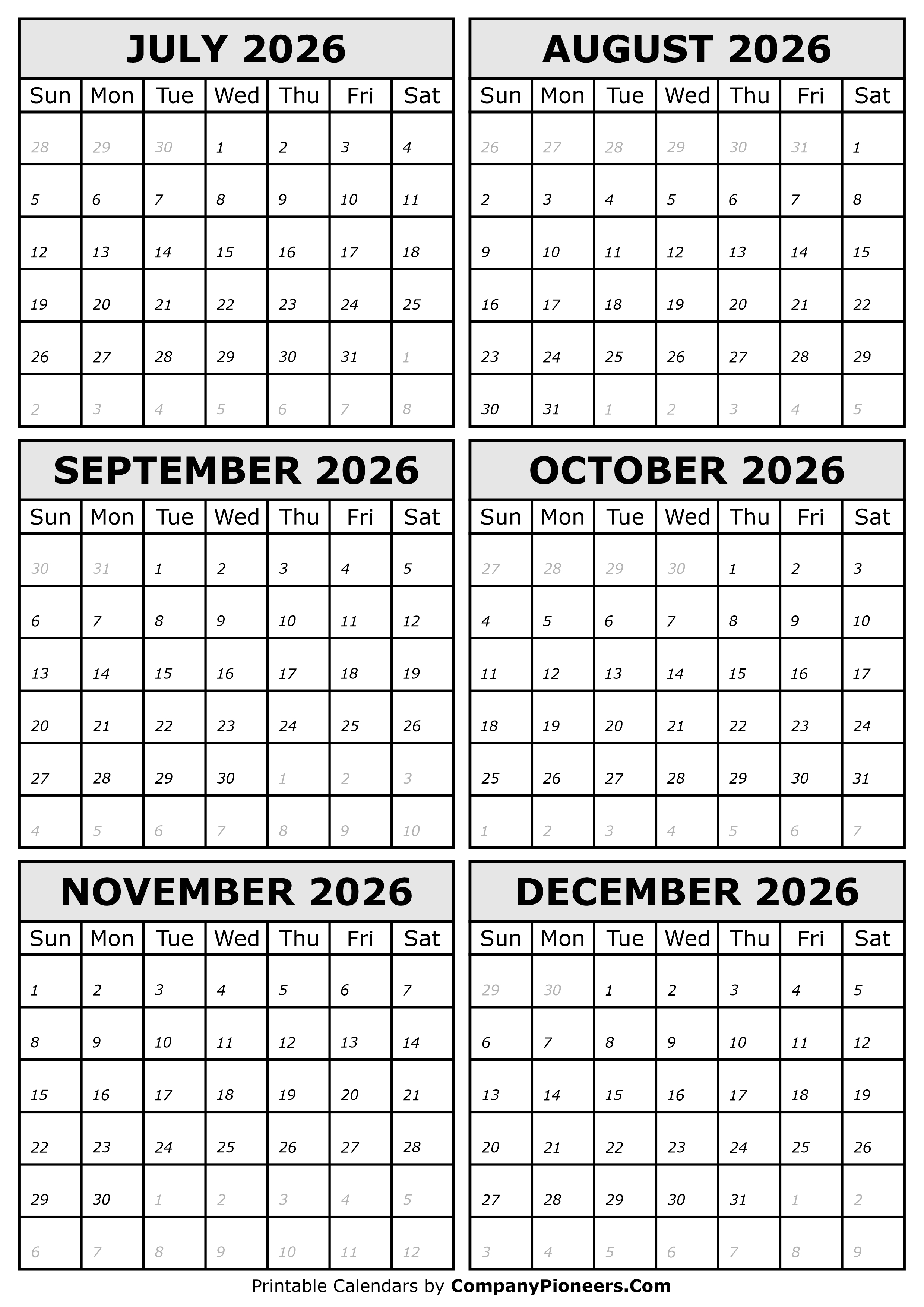2026 July to December Calendar
