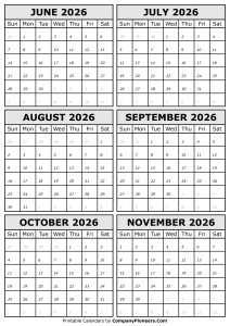 2026 June to November Calendar
