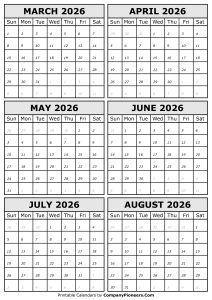 2026 March to August Calendar