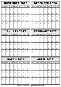 2026 November to 2027 April Calendar