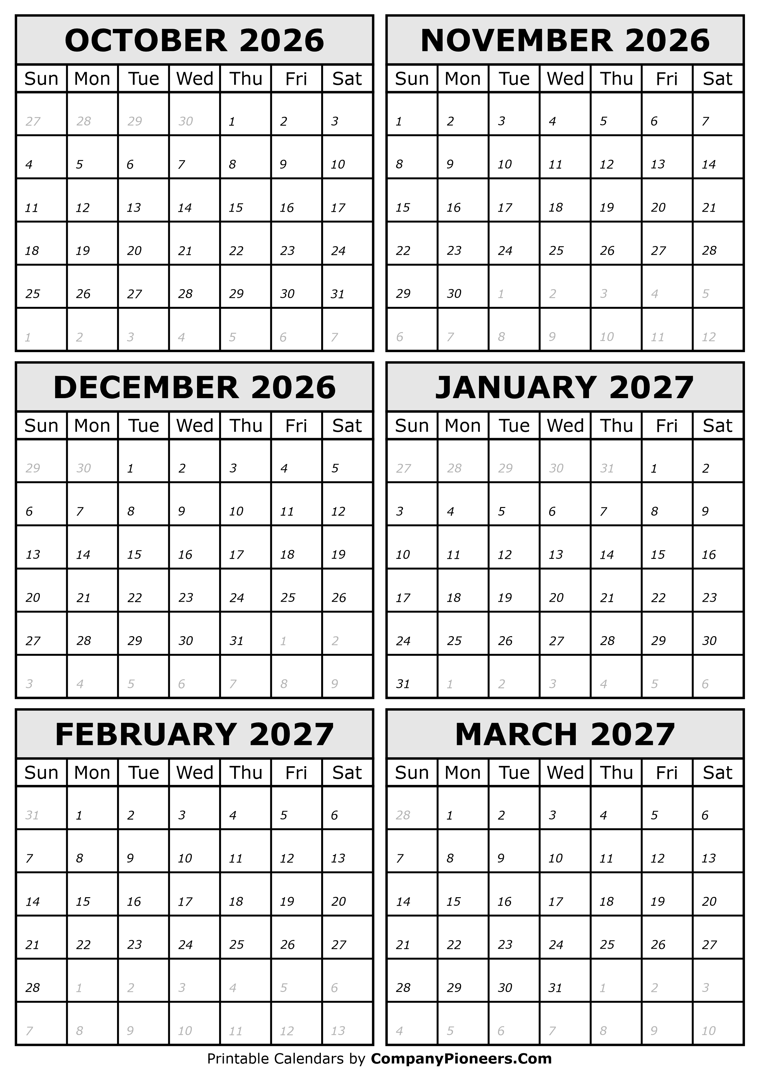 2026 October to 2027 March Calendar