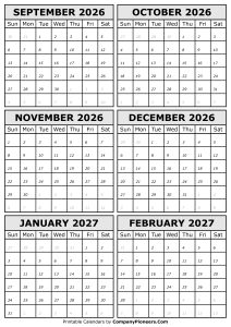 2026 September to 2027 February Calendar
