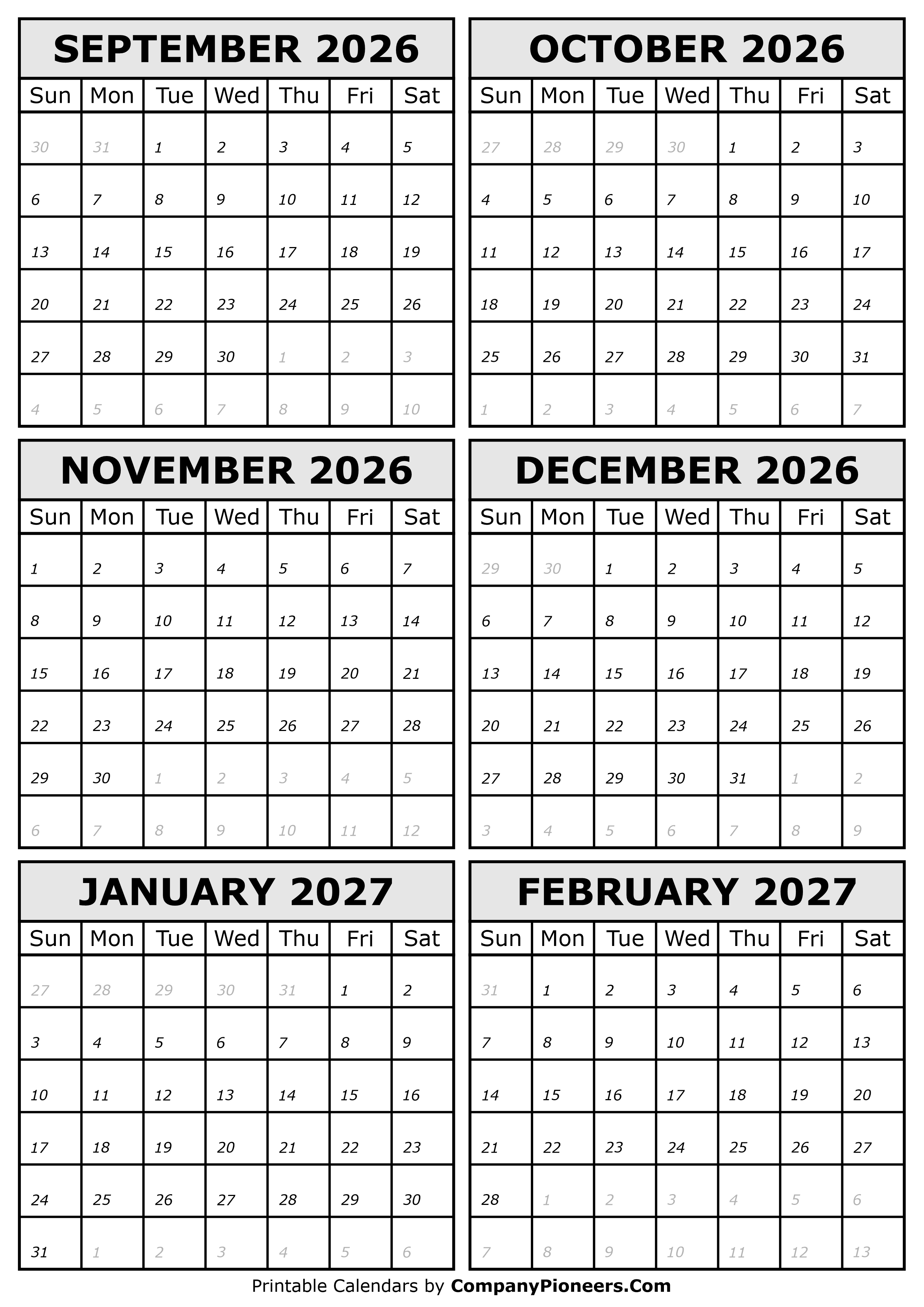 2026 September to 2027 February Calendar
