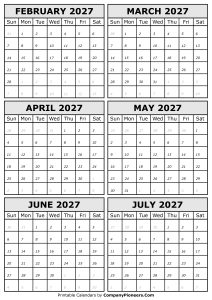 2027 February to July Calendar