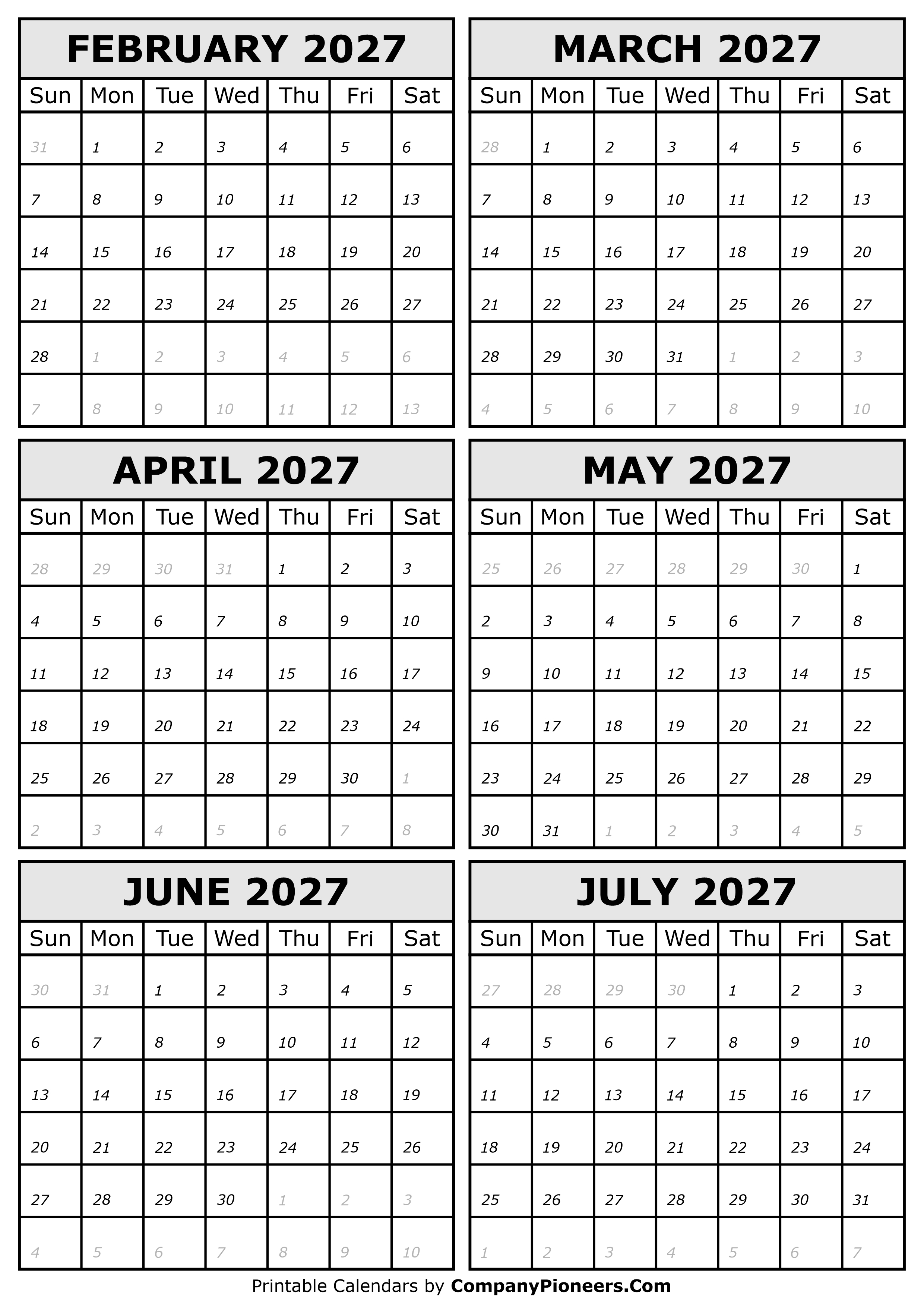 2027 February to July Calendar