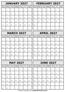 2027 January to June Calendar