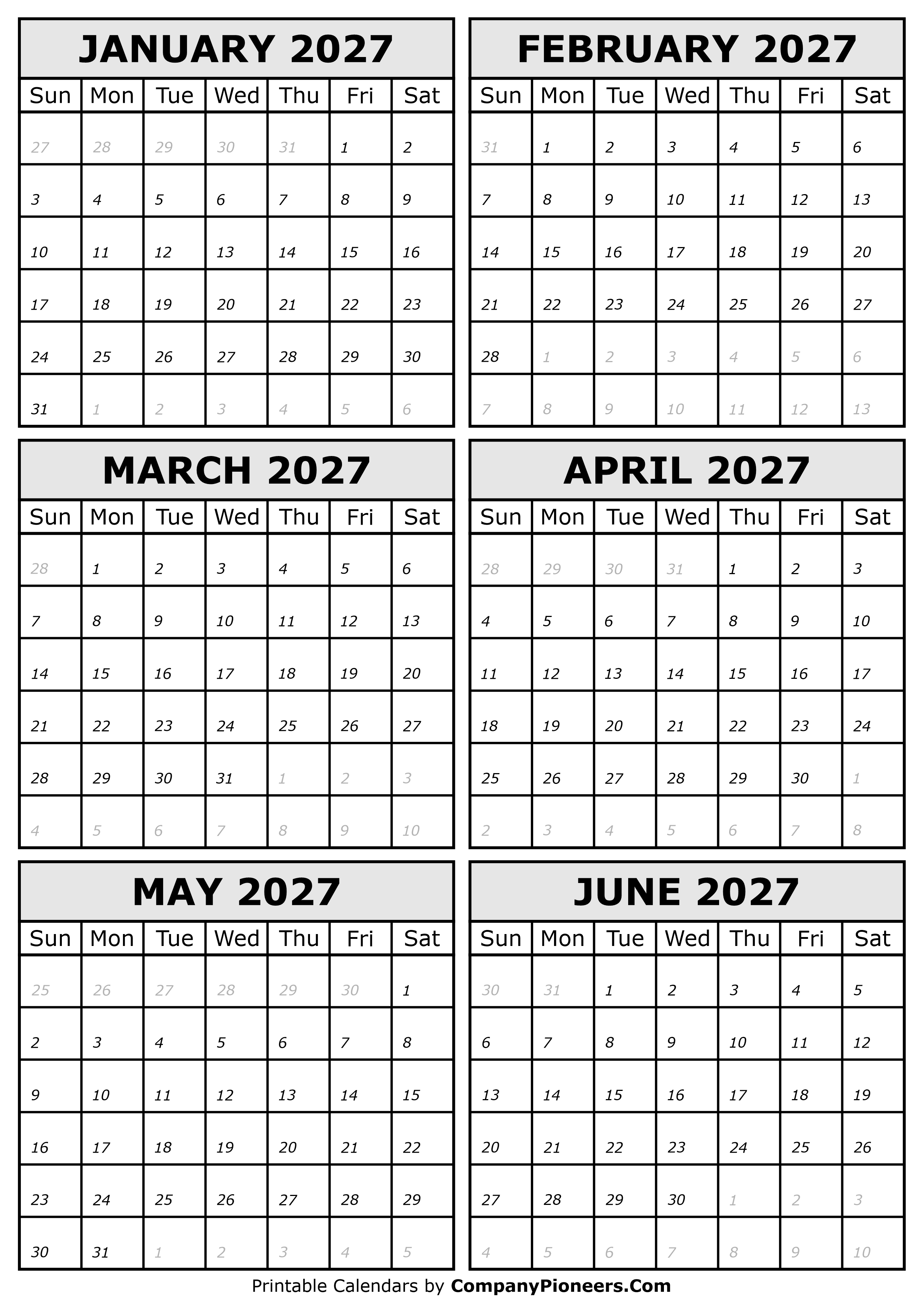 2027 January to June Calendar